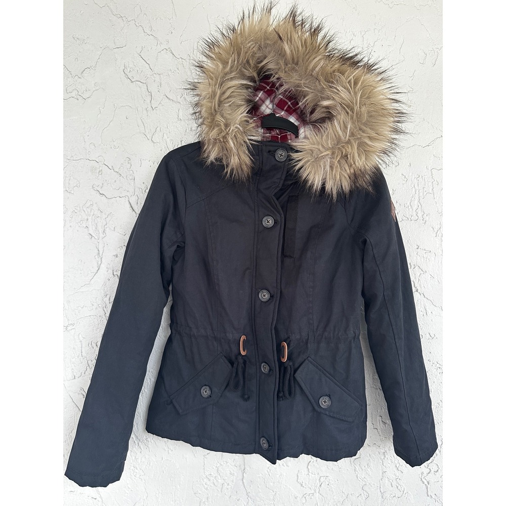 Hollister Black Parka Jacket Faux Fur Hood Red Plaid Flannel Lining Small